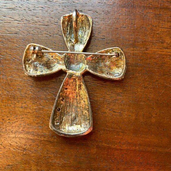 Vintage Rhinestone Cross Brooch Pendant Dual Pin & Necklace Charm Gold Tone - Picture 2 of 3